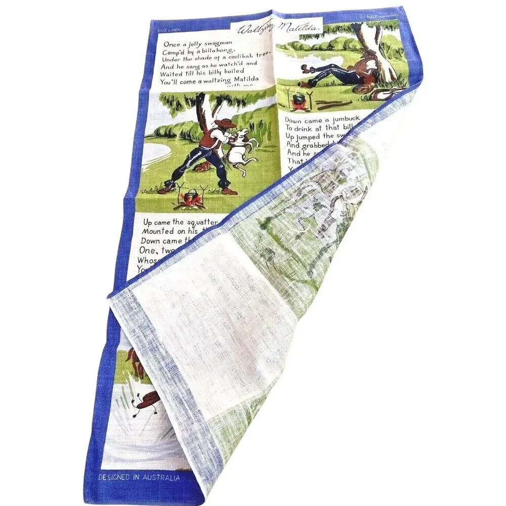 Vintage 100% linen kitchen tea towel Australia souvenir Waltzing Matilda lyrics